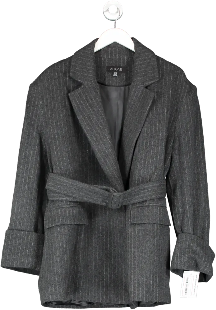 Chic Aligne Grey Gamma Pinstripe Belted Wool Blend Blazer in UK Size 10