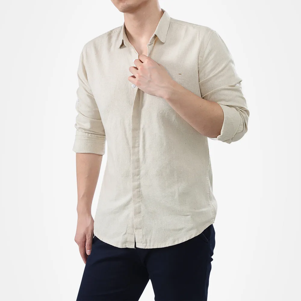 Beige Slim Fit Solid Linen Casual Shirt