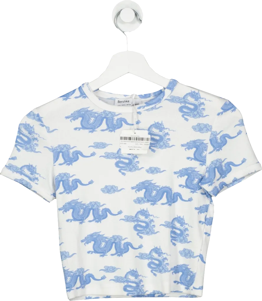 BERSHA White Dragon Design Crop Top UK S