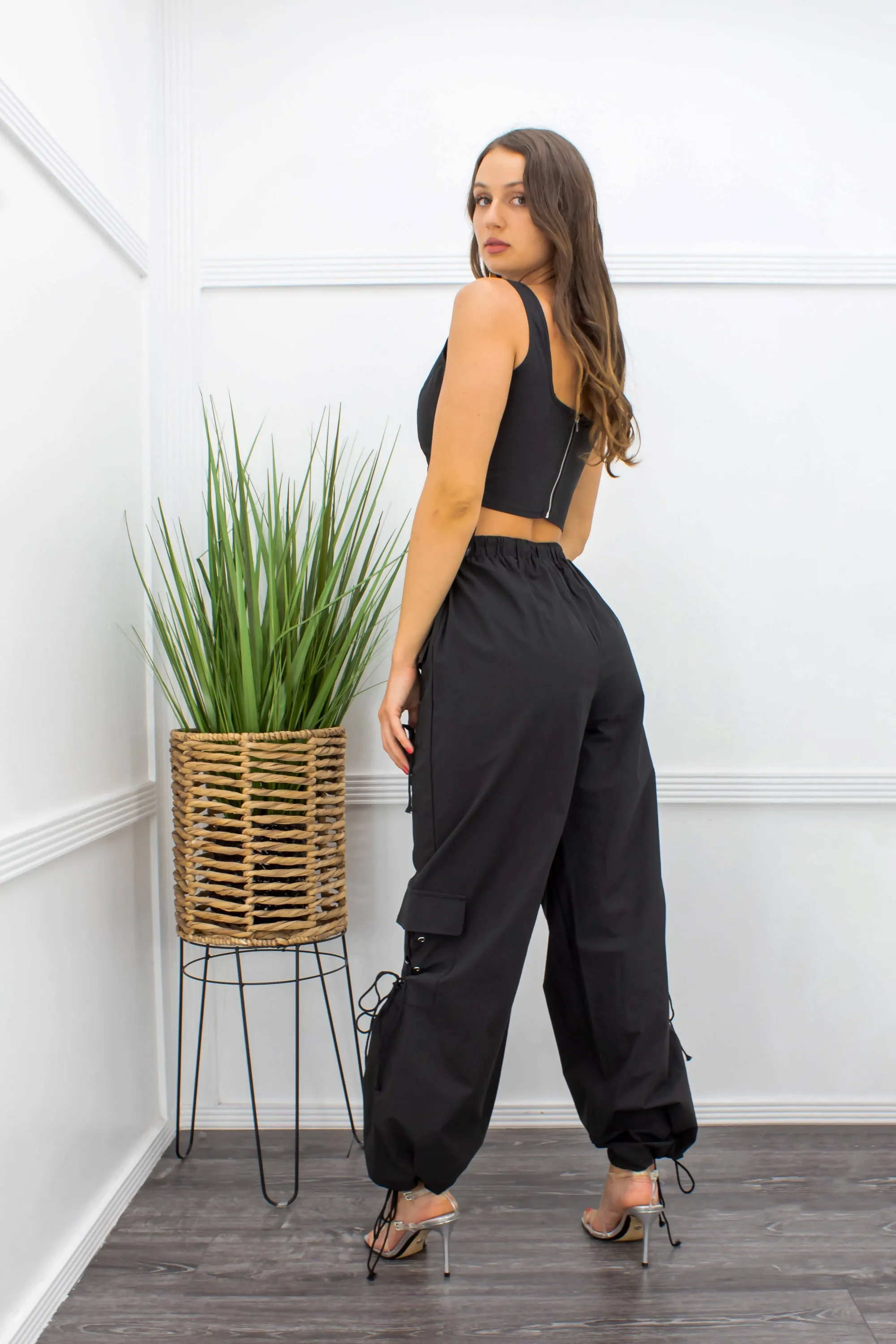 Black Crop Top Pant Set