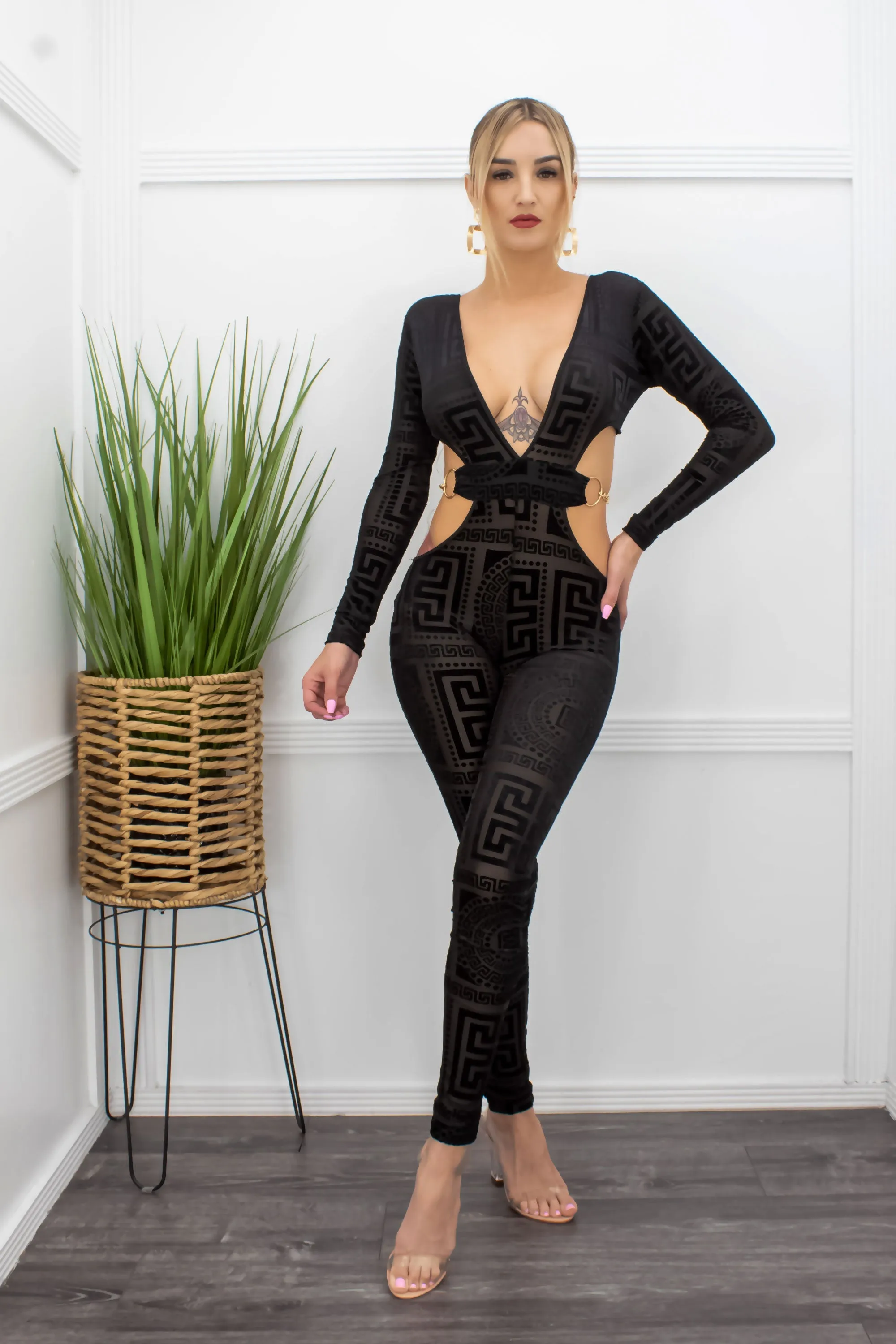 Black Long Sleeve Open Sides Jumpsuit