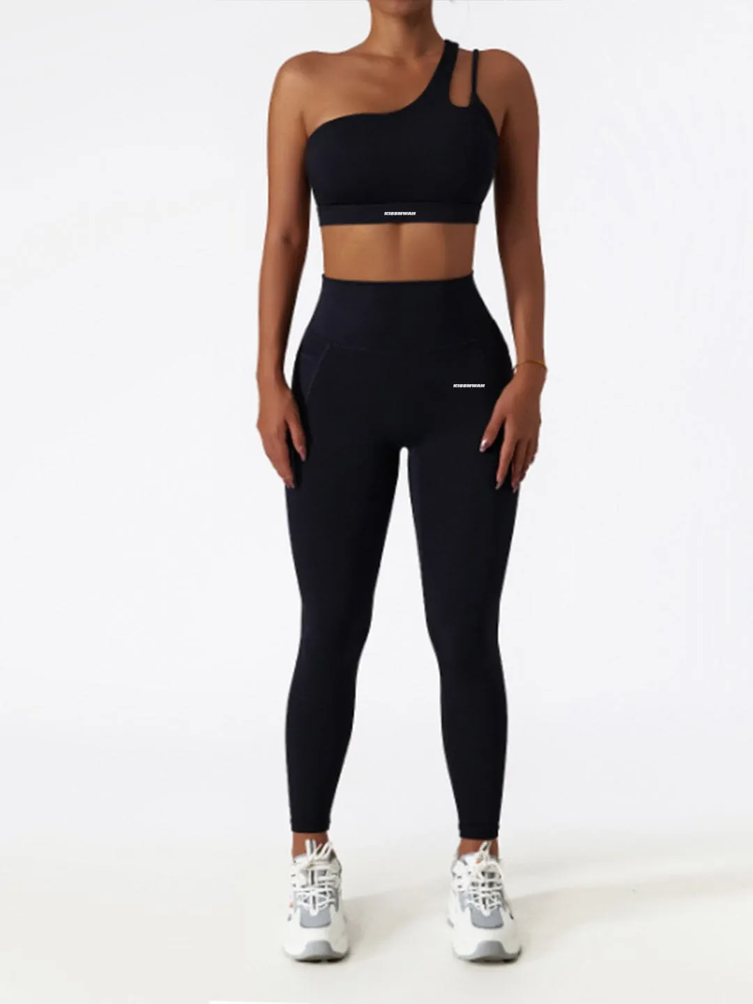 Black seamless shoulder crop top