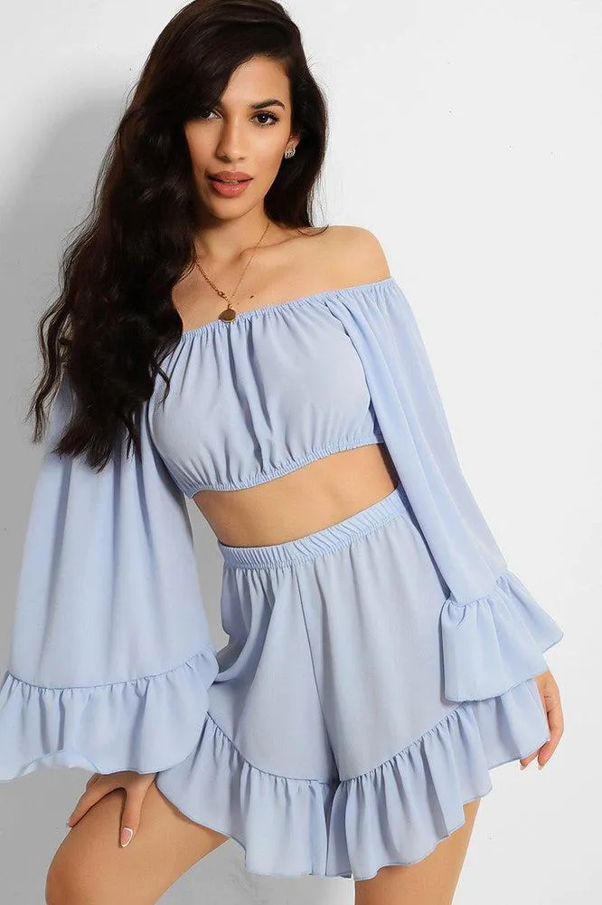 Blue Frill Trim Off Shoulder Crop Top Shorts Set