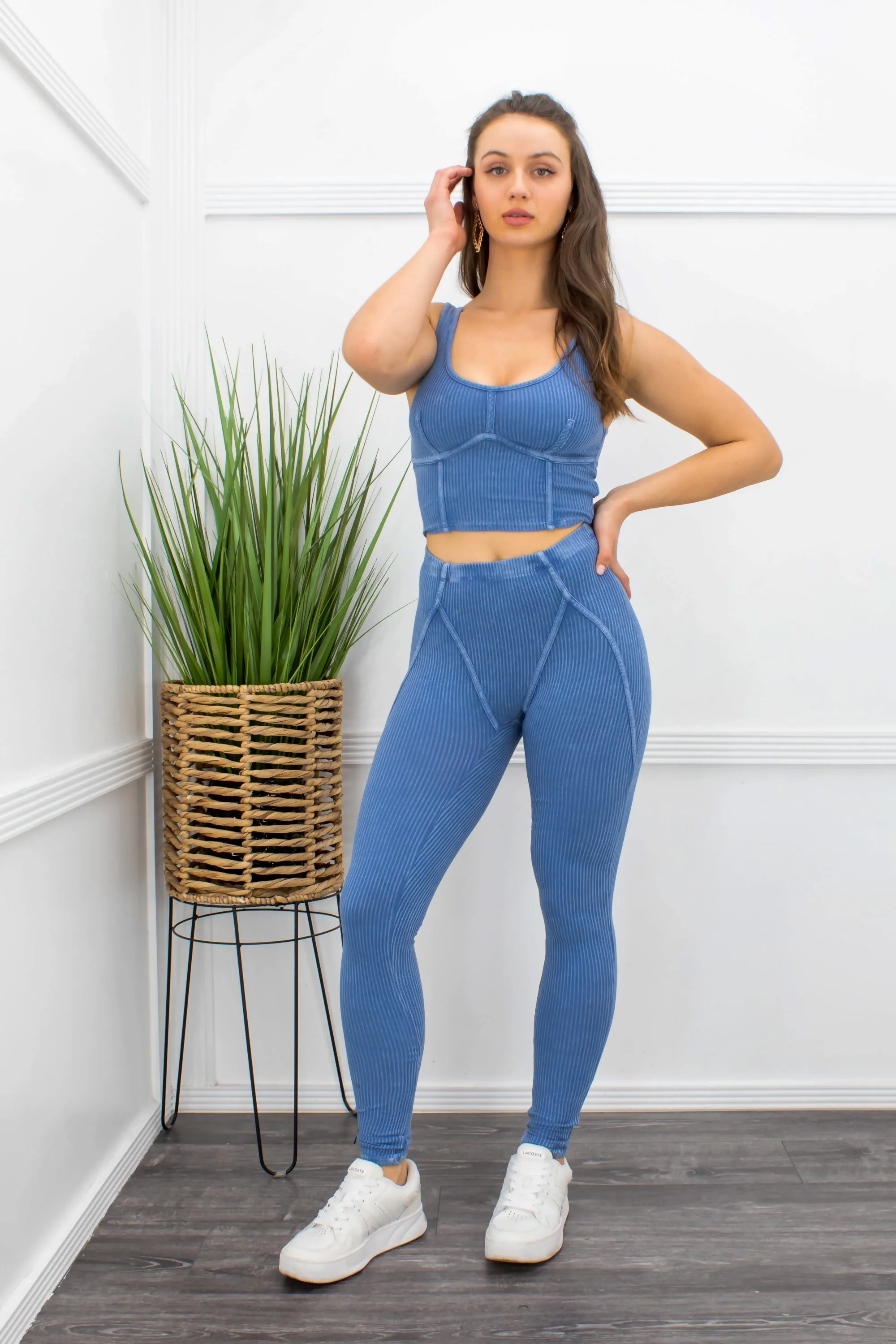 Blue Washed Crop Top Pant Set