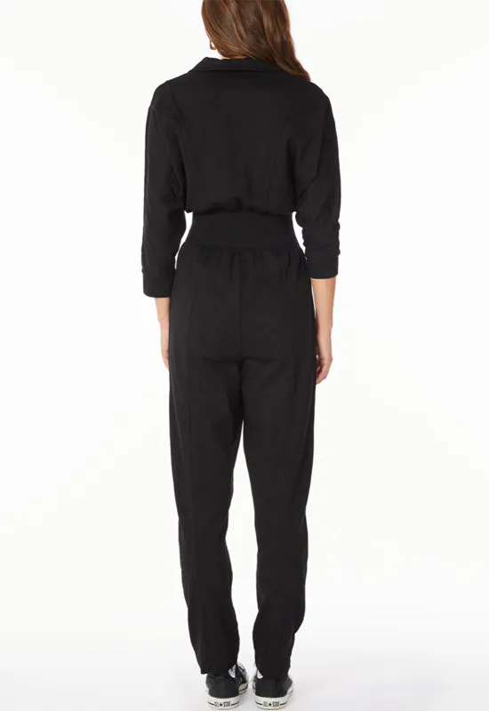 Bobi - Smocked Waist Zip Up Jumpsuit Black