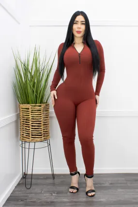 Bodycon Long Sleeve Jumpsuit Rust