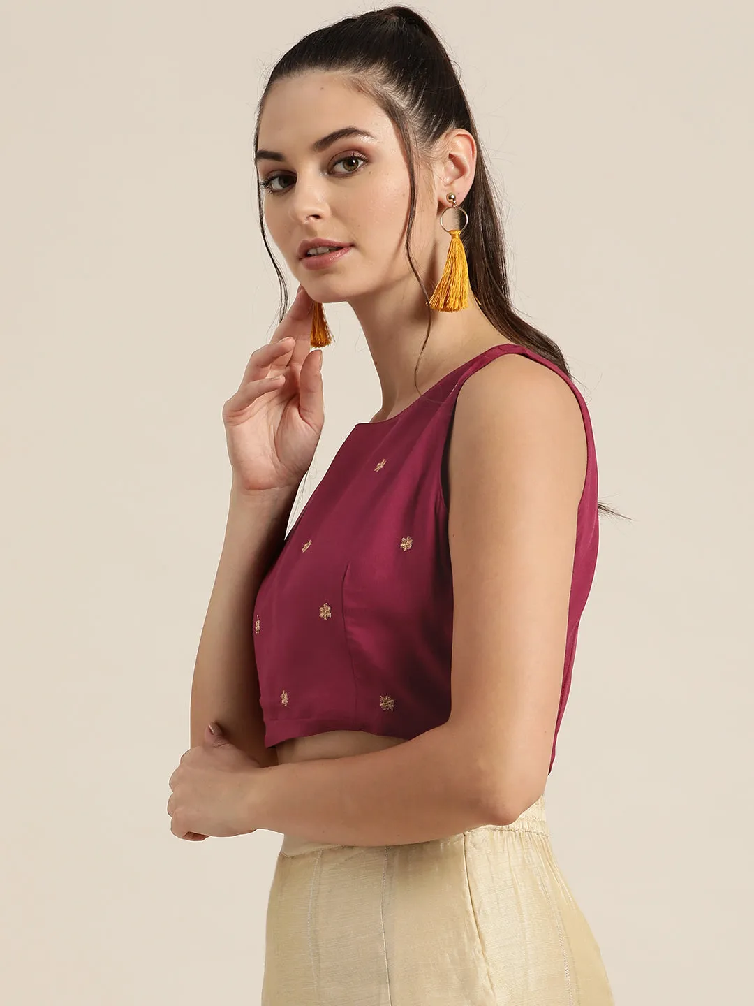 Burgundy Sleeveless Embroidered Crop Top