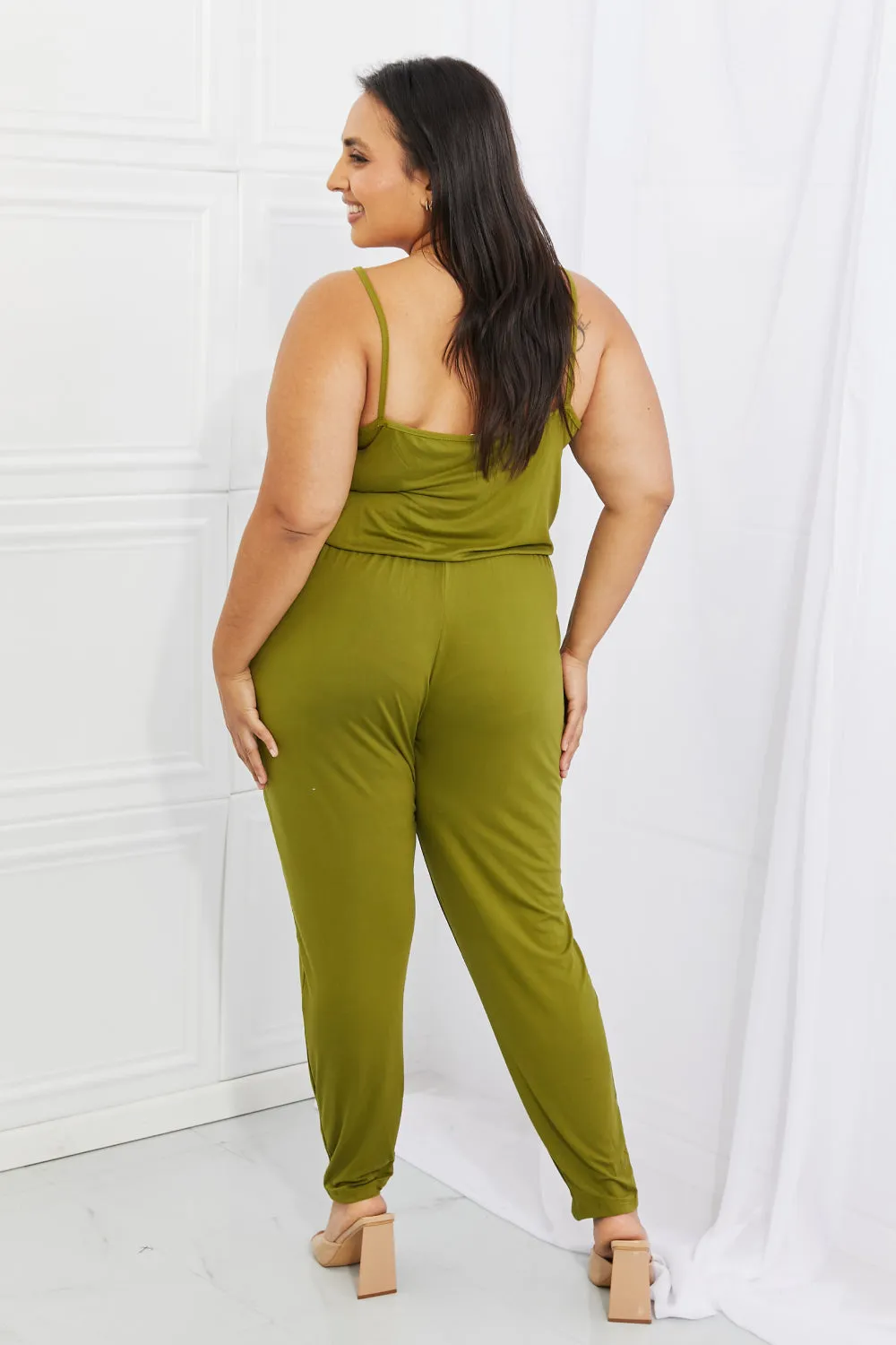 Capella Comfy Casual Plus Size Solid Elastic Waistband Jumpsuit in Chartreuse