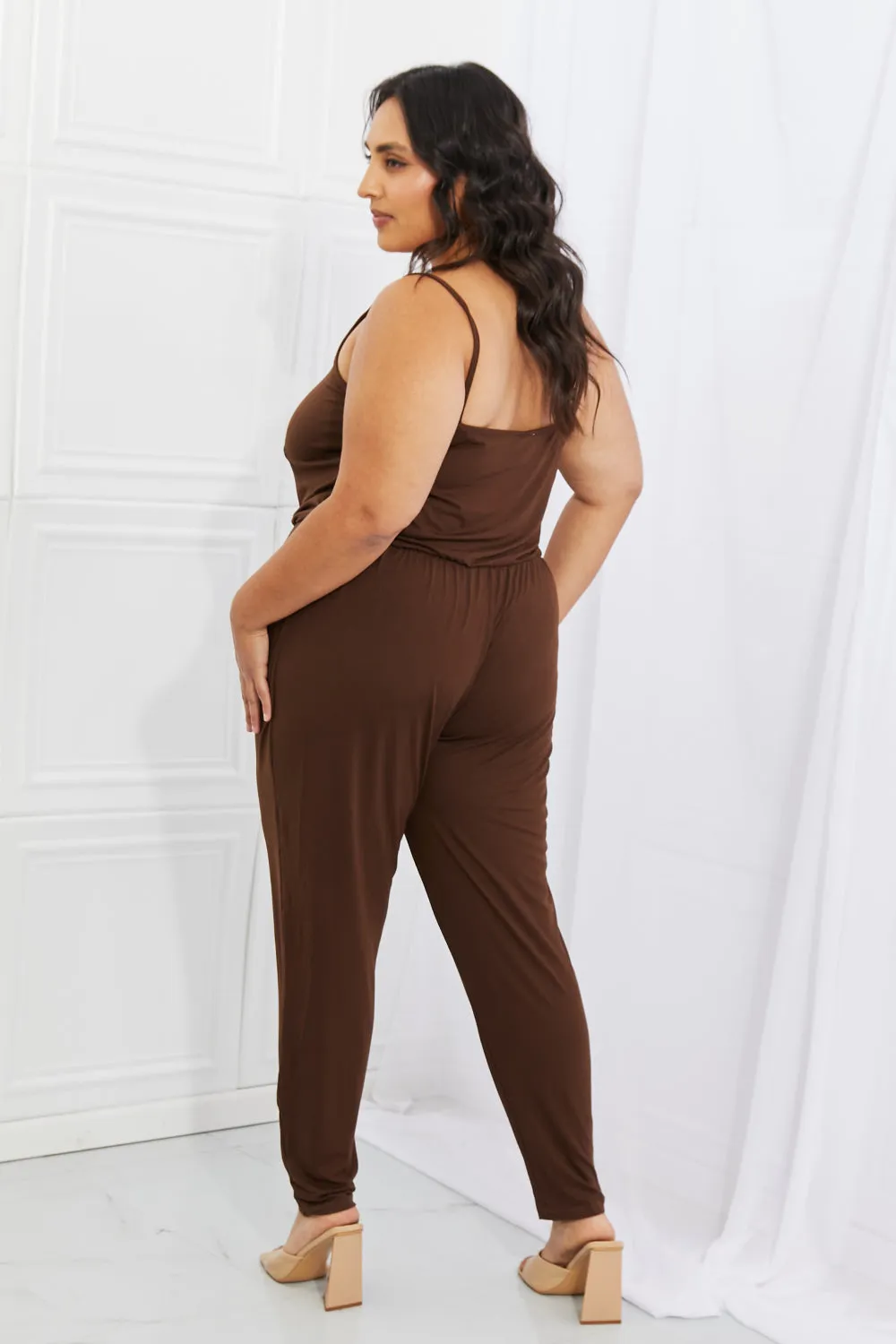 Capella Comfy Casual Plus Size Solid Elastic Waistband Jumpsuit in Chocolate