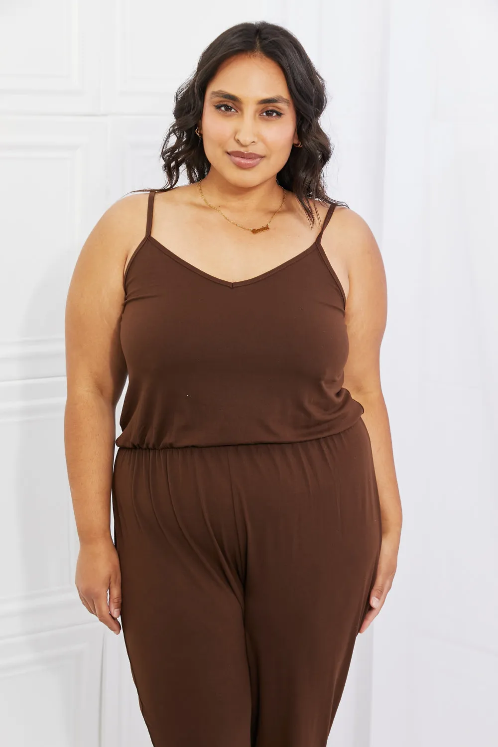 Capella Comfy Casual Plus Size Solid Elastic Waistband Jumpsuit in Chocolate