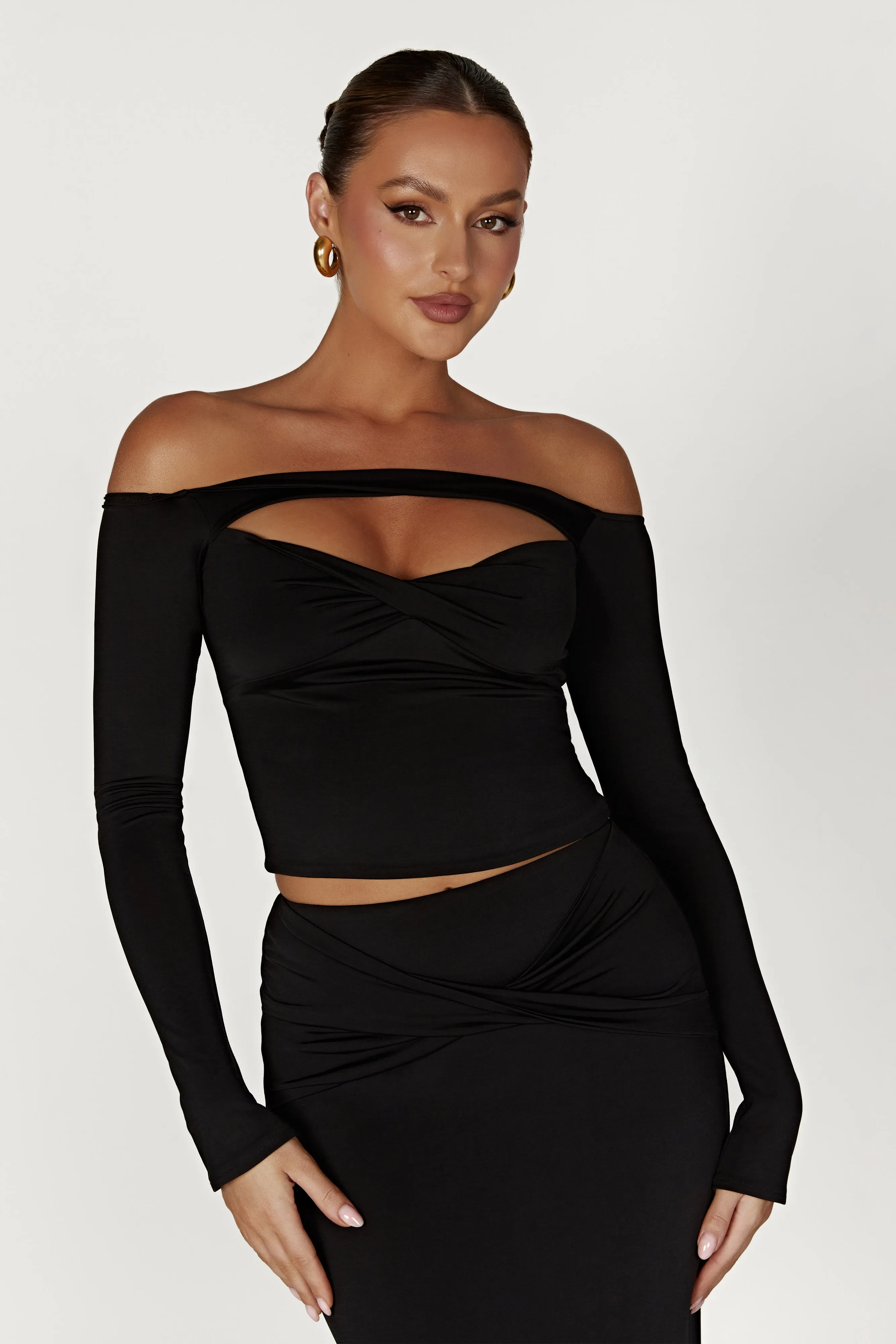 Ceri Off Shoulder Long Sleeve Top - Black