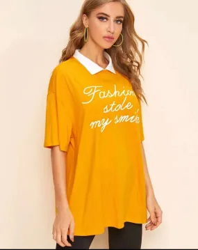 Contrast Collar Drop Shoulder Slogan Graphic Top