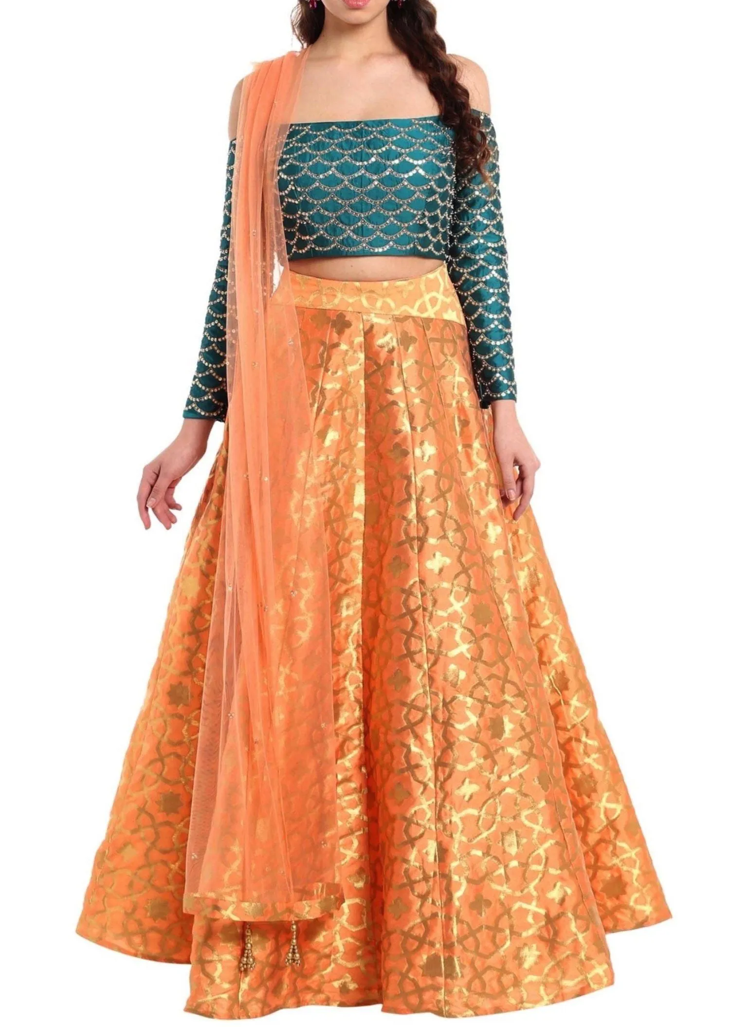 Dark peach lehenga with off shoulder teal blouse