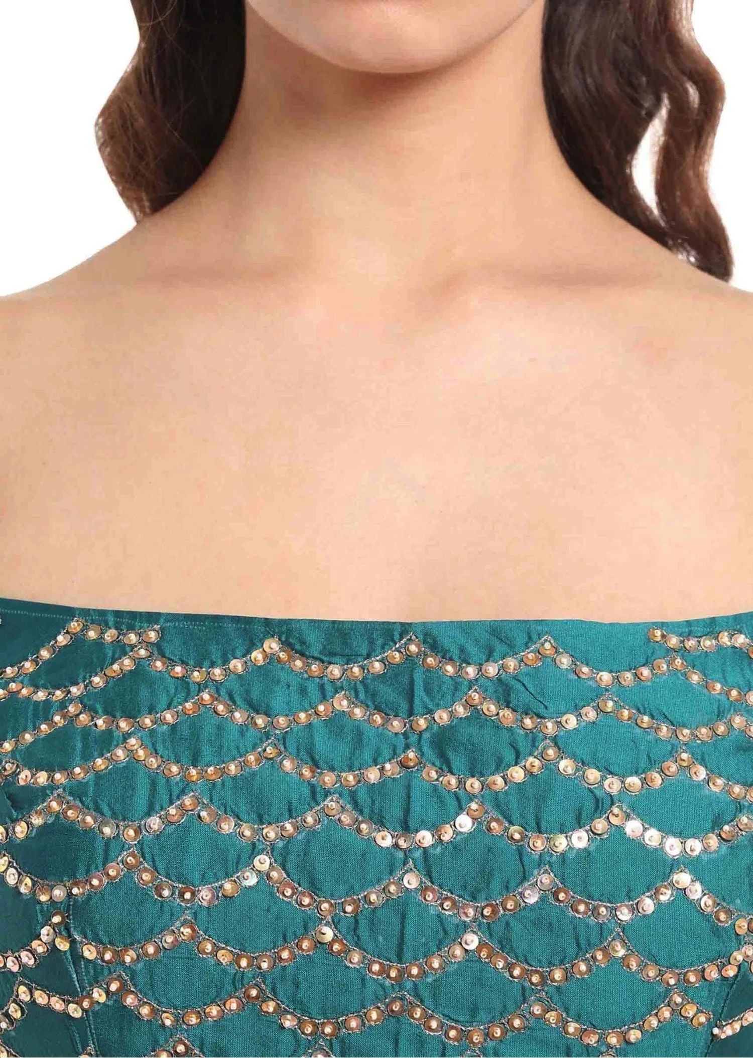 Dark peach lehenga with off shoulder teal blouse