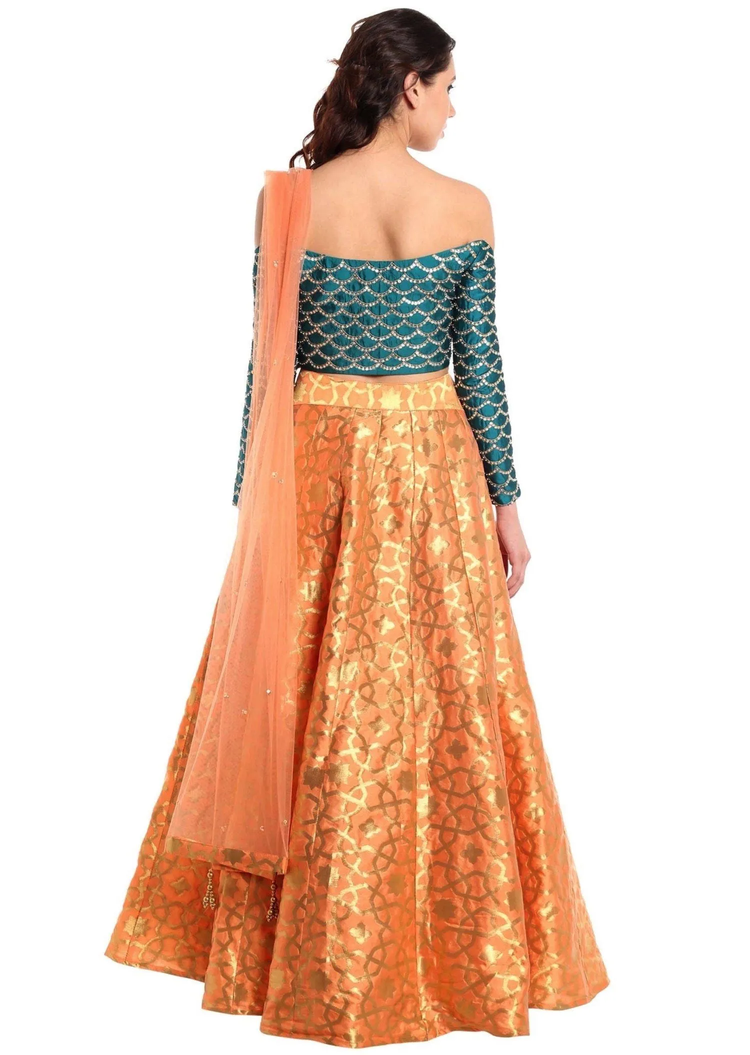 Dark peach lehenga with off shoulder teal blouse