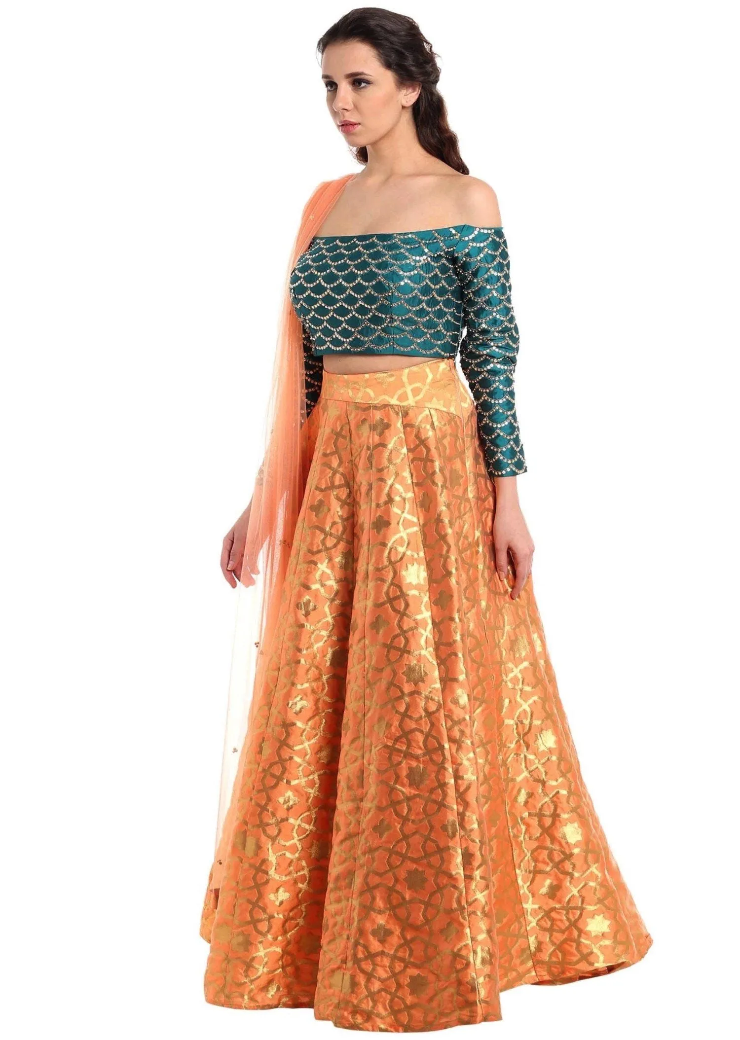 Dark peach lehenga with off shoulder teal blouse