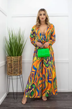 Deep V Long Sleeve Print Jumpsuit