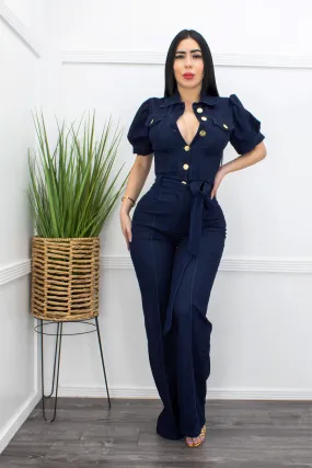 Denim Short Sleeve With Gold Buttons Jumpsuit