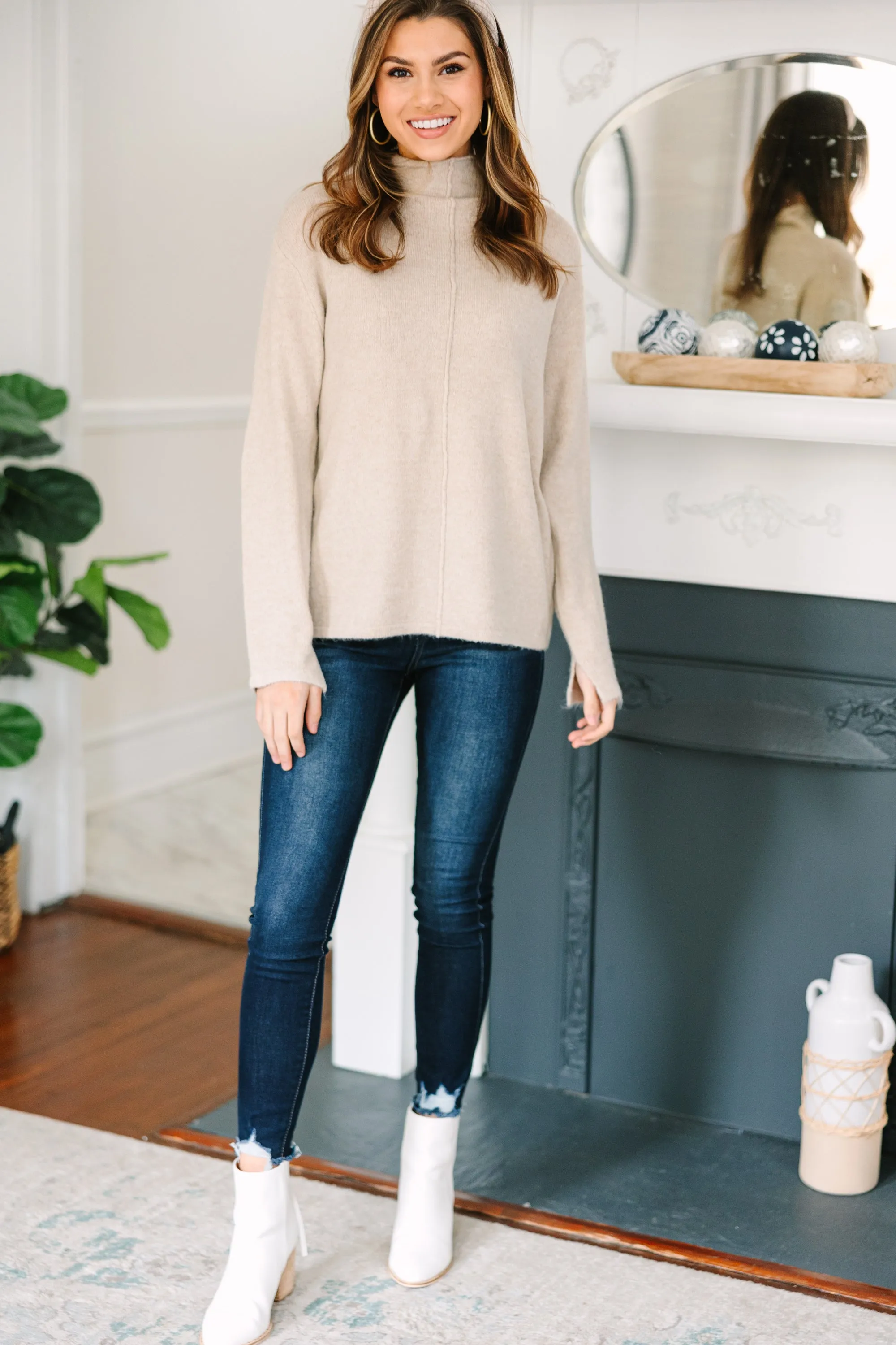 Hear It All Oatmeal Brown Mock Neck Sweater