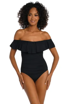 Island Goddess Off Shoulder Ruffle One Piece - Black