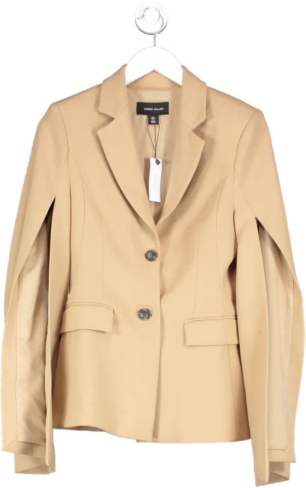 Karen Millen Beige Compact Stretch Statement Sleeve Longline Blazer UK 6