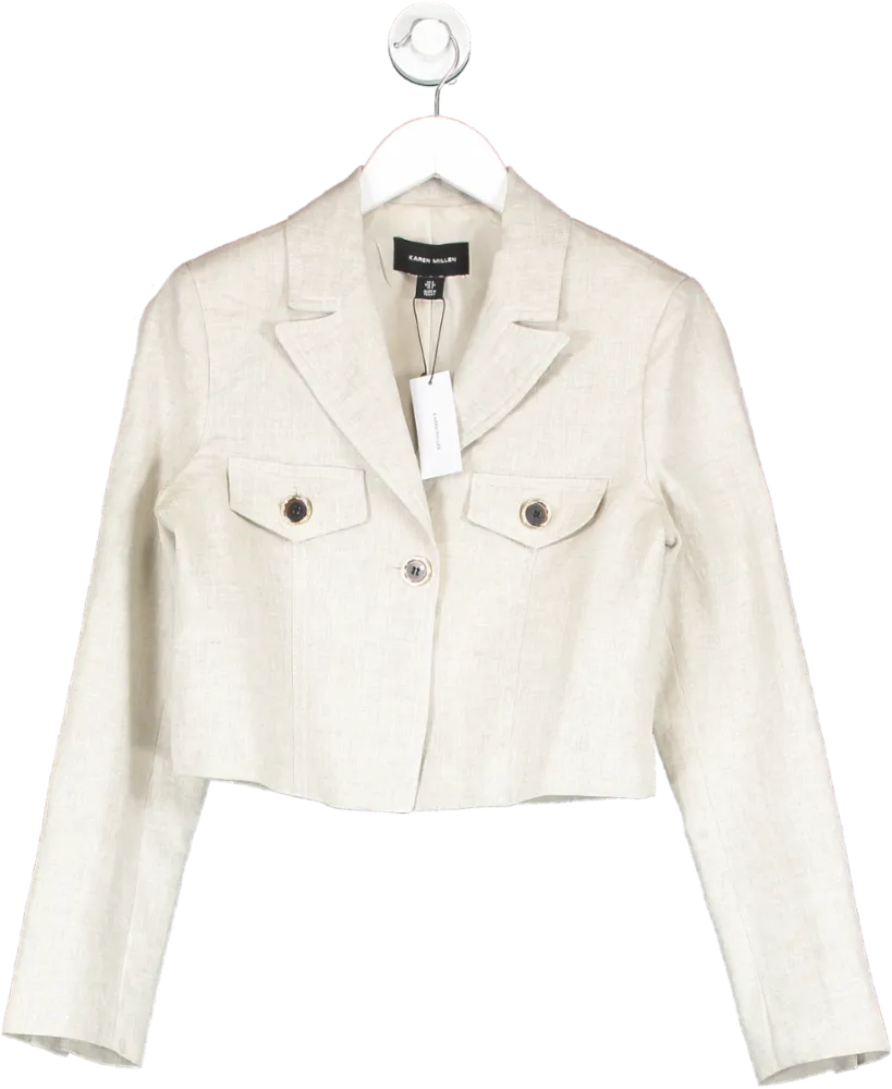 Karen Millen Beige Tailored Linen Cropped Pocket Detail Blazer UK 6