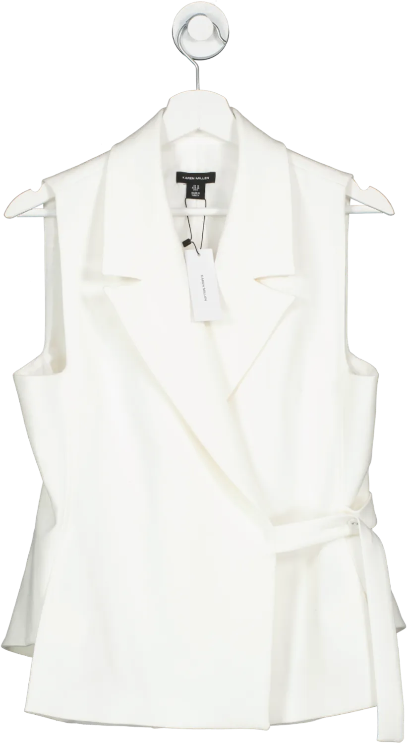 Karen Millen White Tailored Compact Stretch Tie Tab Detail Sleeveless Blazer UK 12