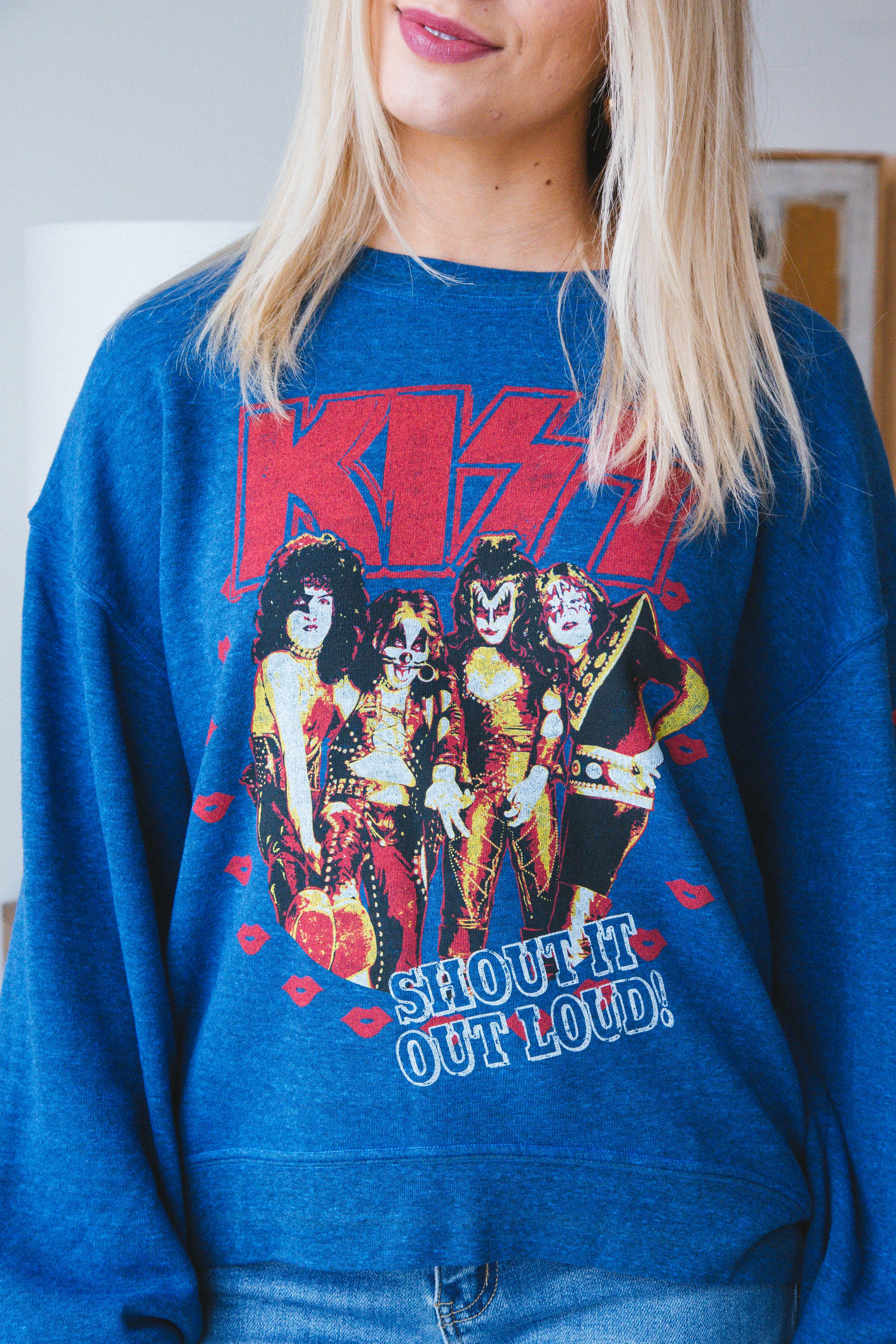 Kiss Shout It Oversized Crew Neck, Cobalt Heather |Daydreamer