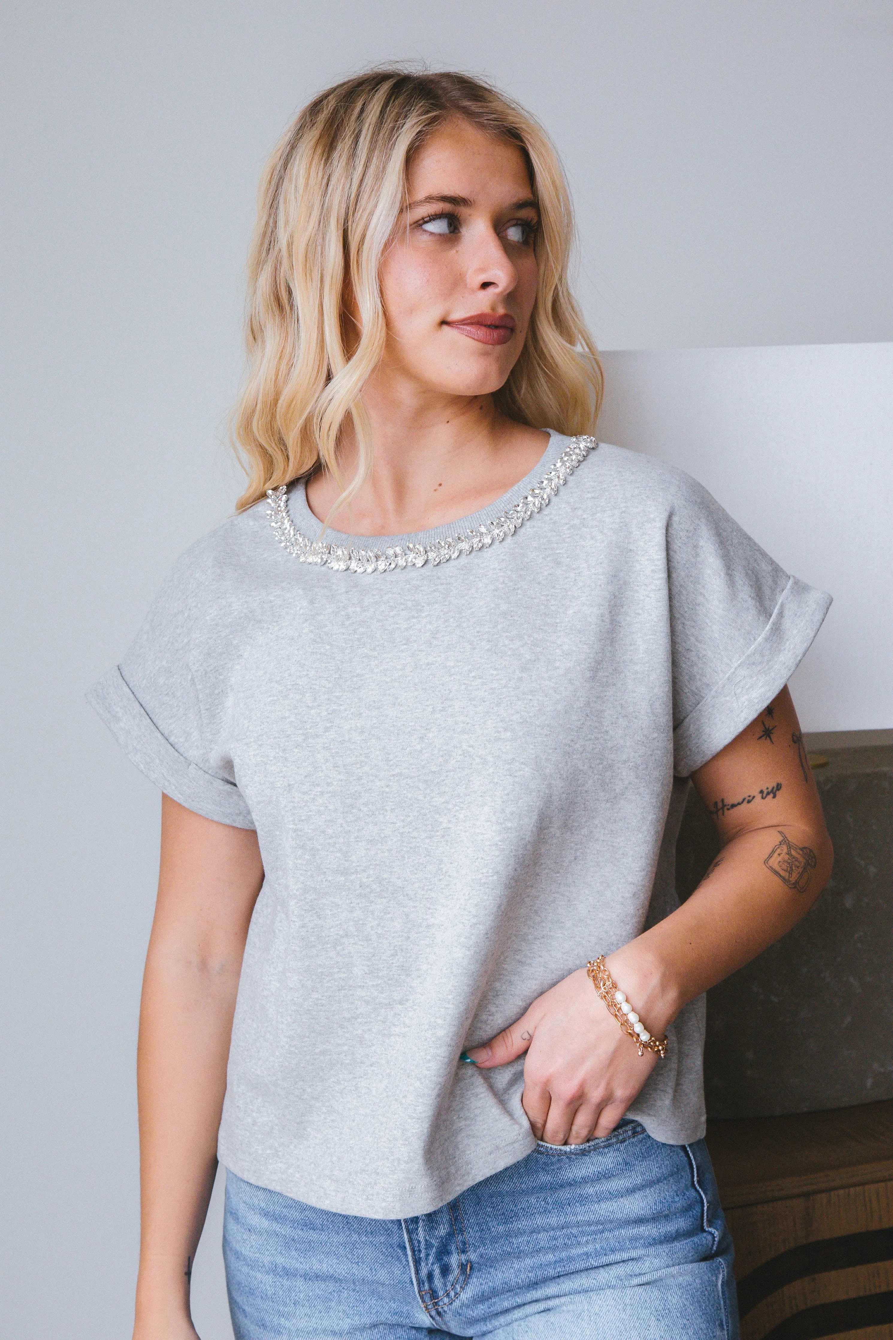 Lilah Rhinestone Neck Top, Grey