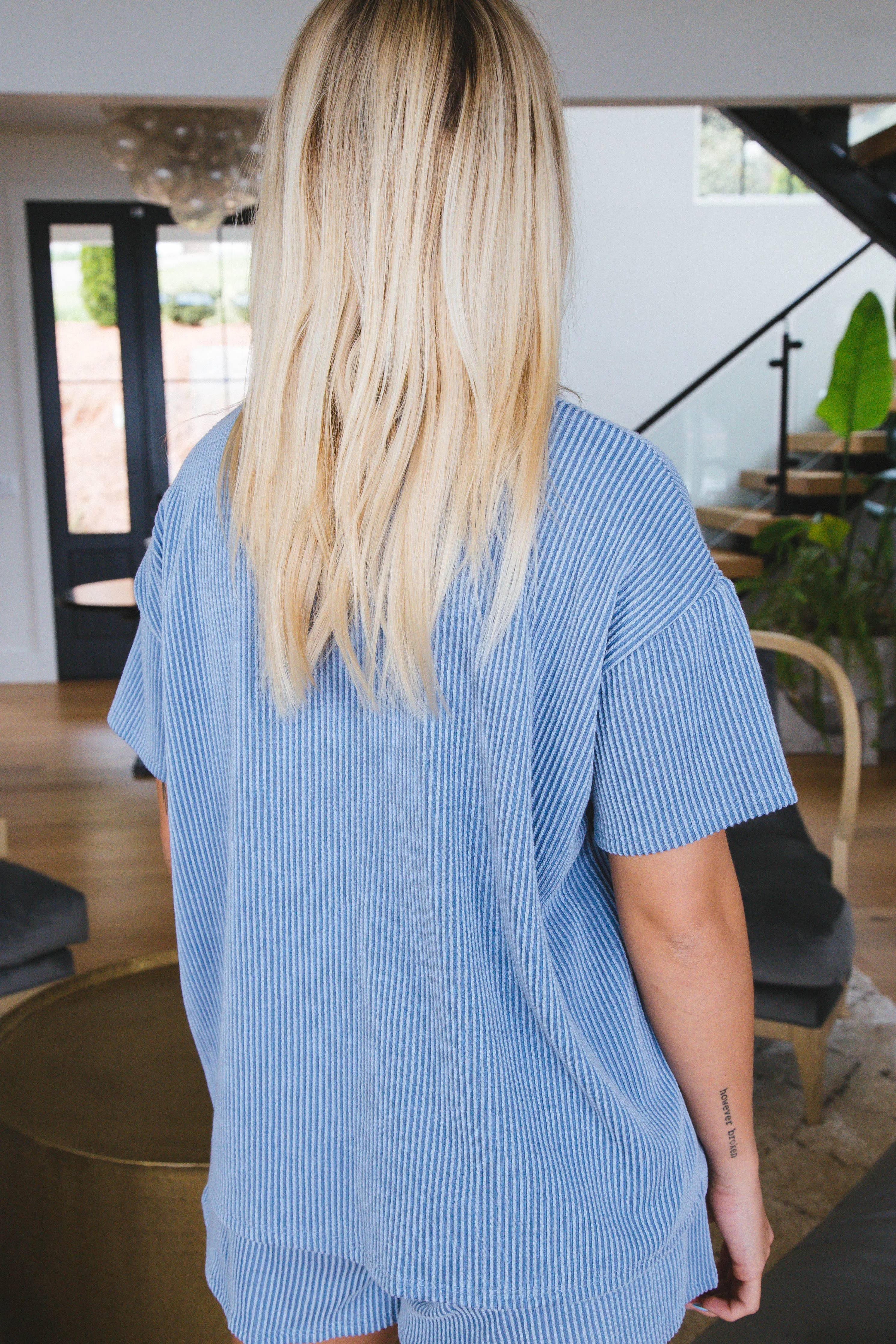 Lucia Drop Shoulder Ribbed Tee, Denim Blue