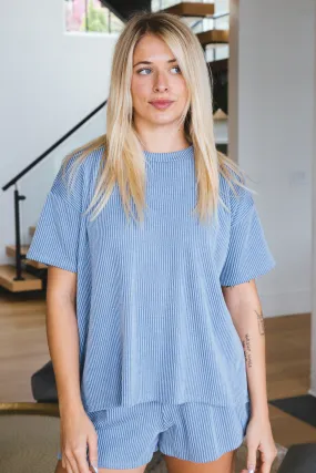 Lucia Drop Shoulder Ribbed Tee, Denim Blue