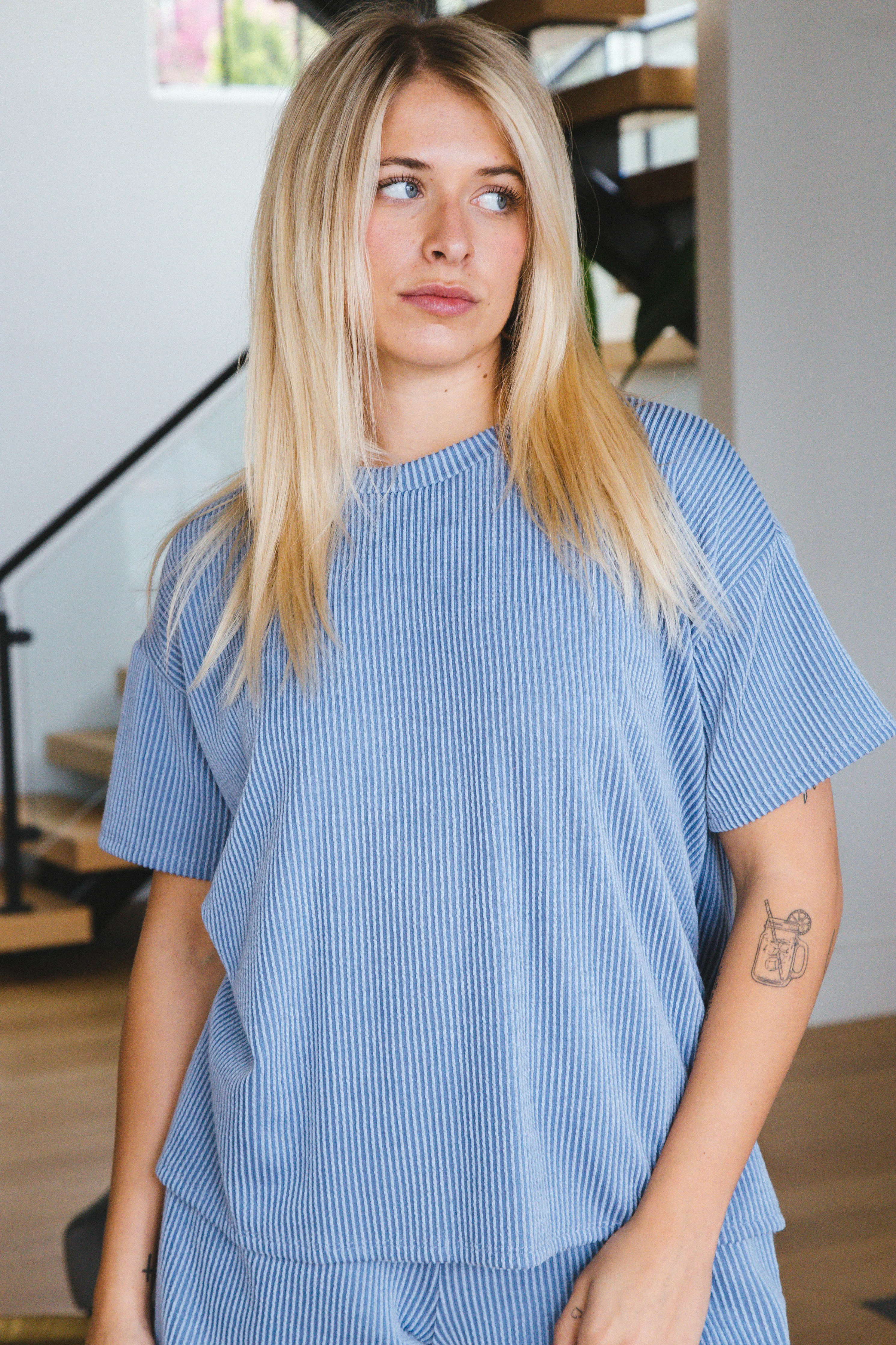 Lucia Drop Shoulder Ribbed Tee, Denim Blue