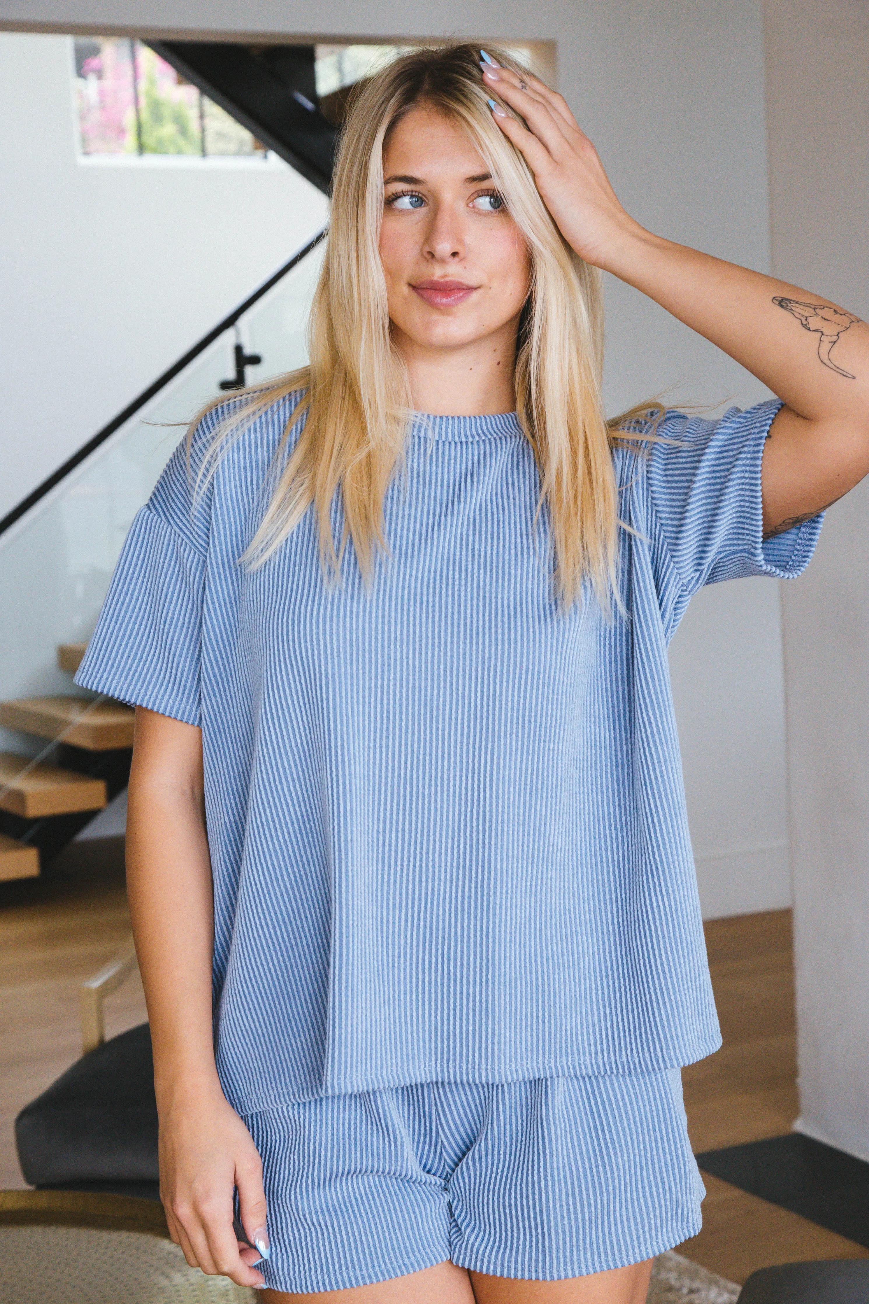 Lucia Drop Shoulder Ribbed Tee, Denim Blue