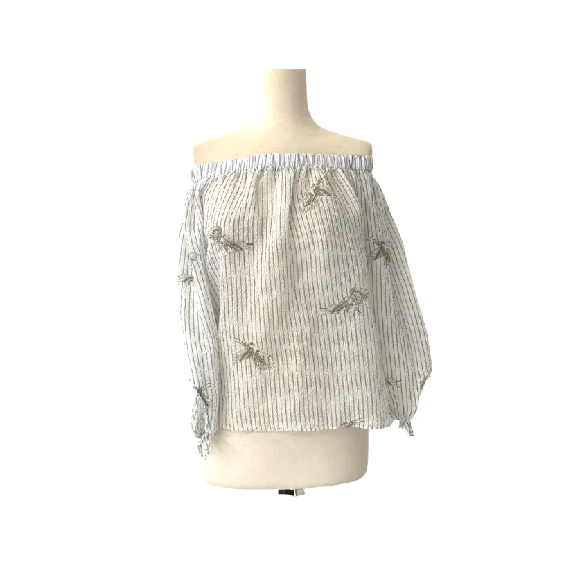 Mango Striped Off-shoulder Bird Print Top | Gently Used |