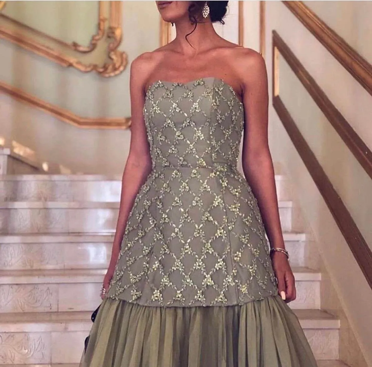 Mirra Olive Green Diamond Off Shoulder Evening Dress