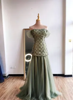 Mirra Olive Green Diamond Off Shoulder Evening Dress