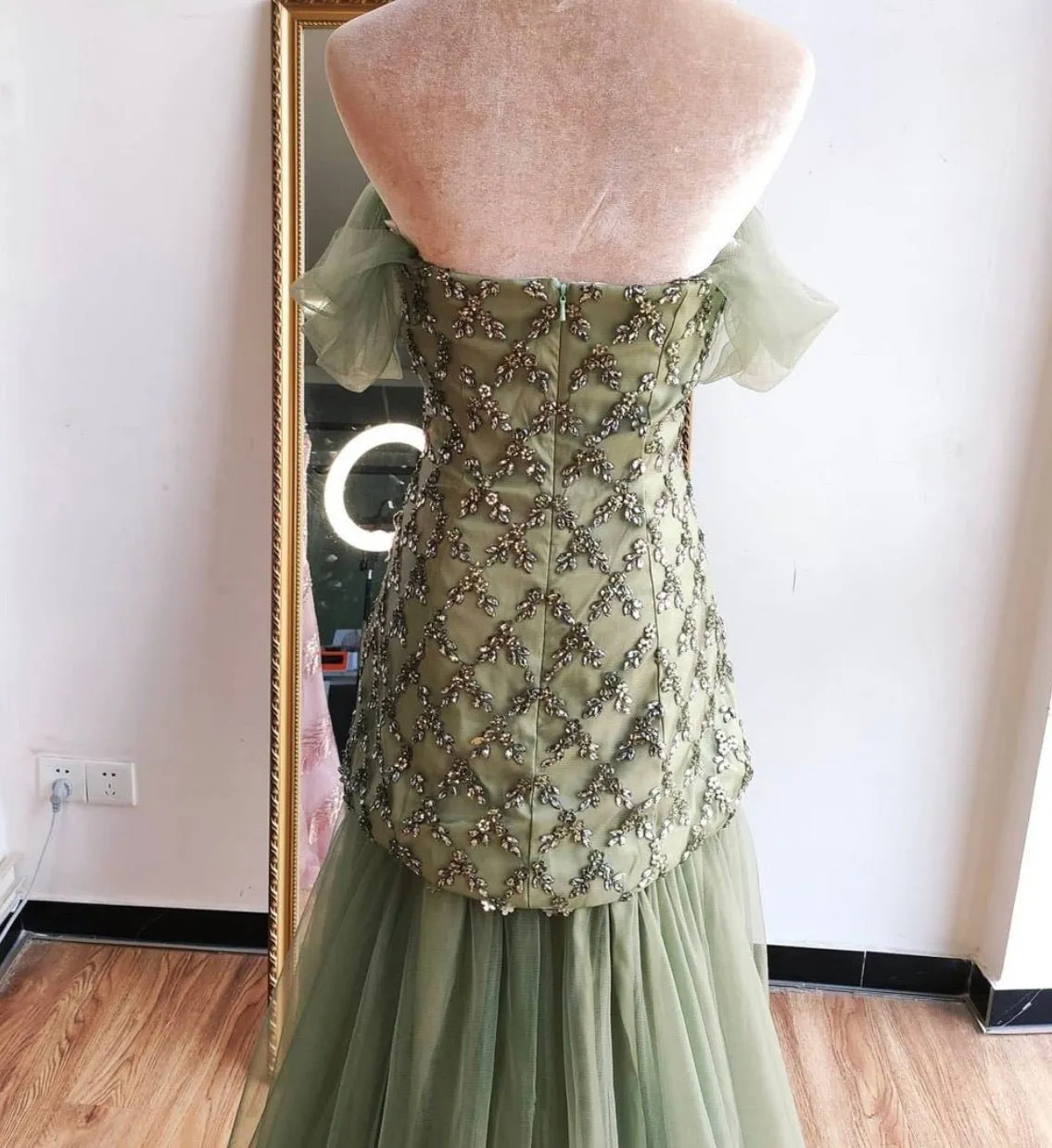 Mirra Olive Green Diamond Off Shoulder Evening Dress