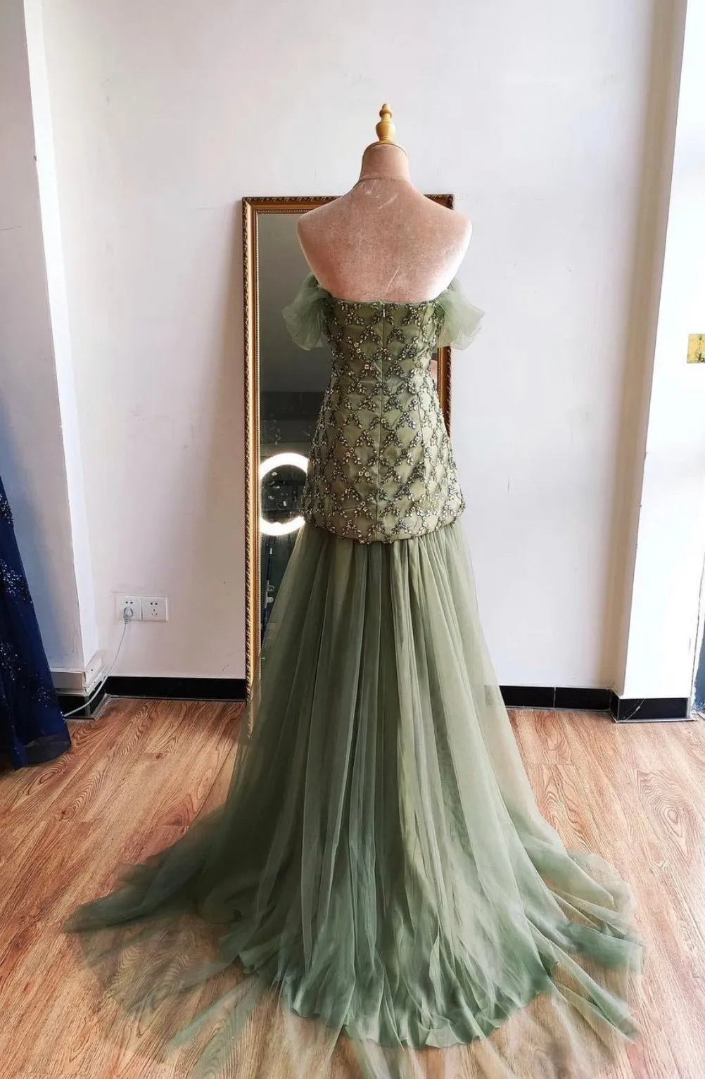 Mirra Olive Green Diamond Off Shoulder Evening Dress