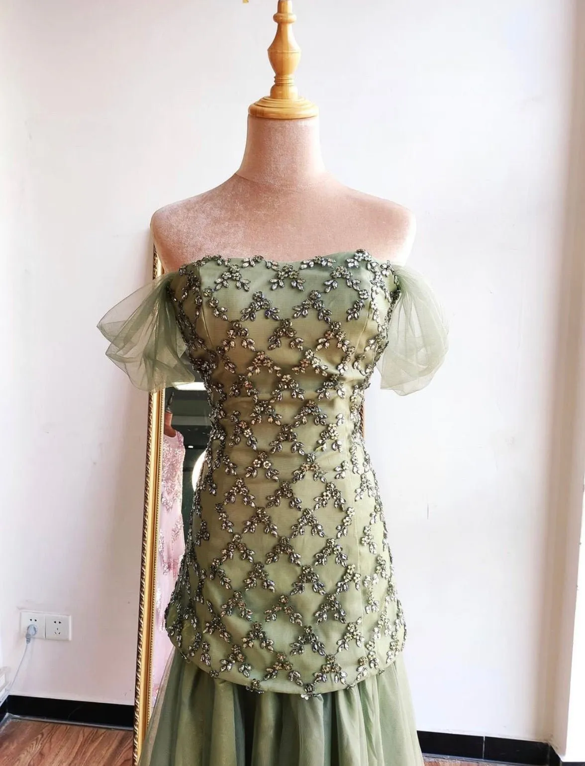 Mirra Olive Green Diamond Off Shoulder Evening Dress