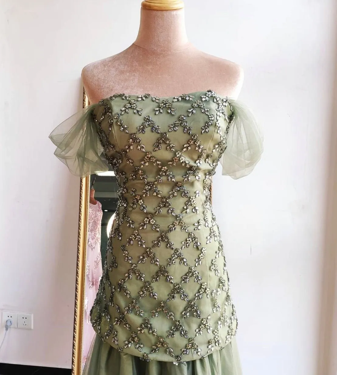 Mirra Olive Green Diamond Off Shoulder Evening Dress