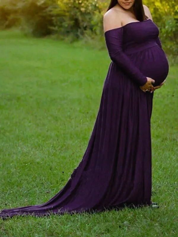 Momnfancy Bandeau Solid Off Shoulder Photoshot Maternity Maxi Dress