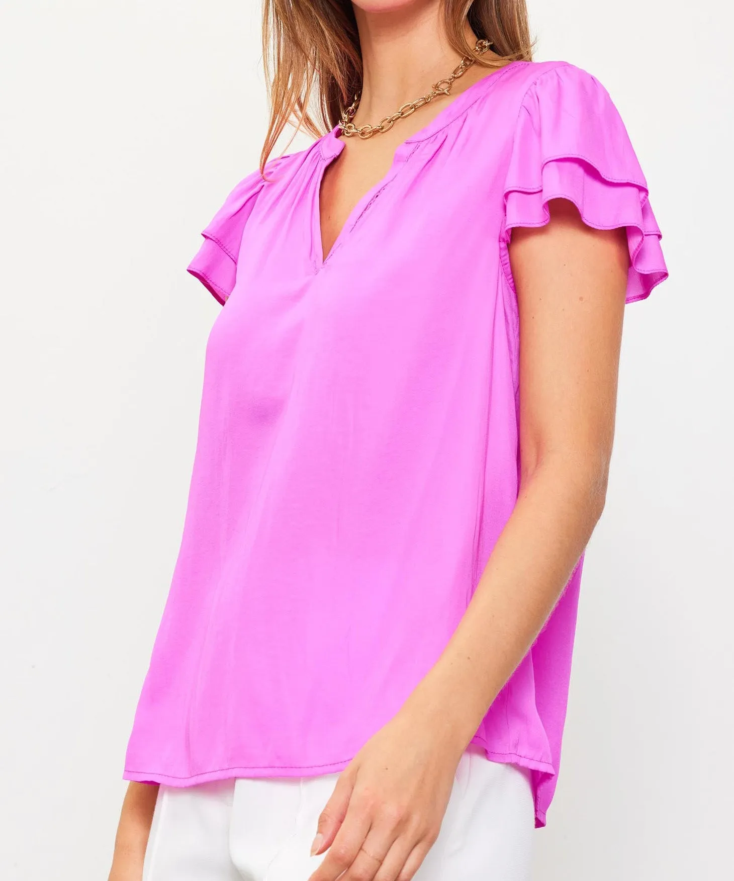 Neck Trim Detail Short Sleeve Top - Rose Violet