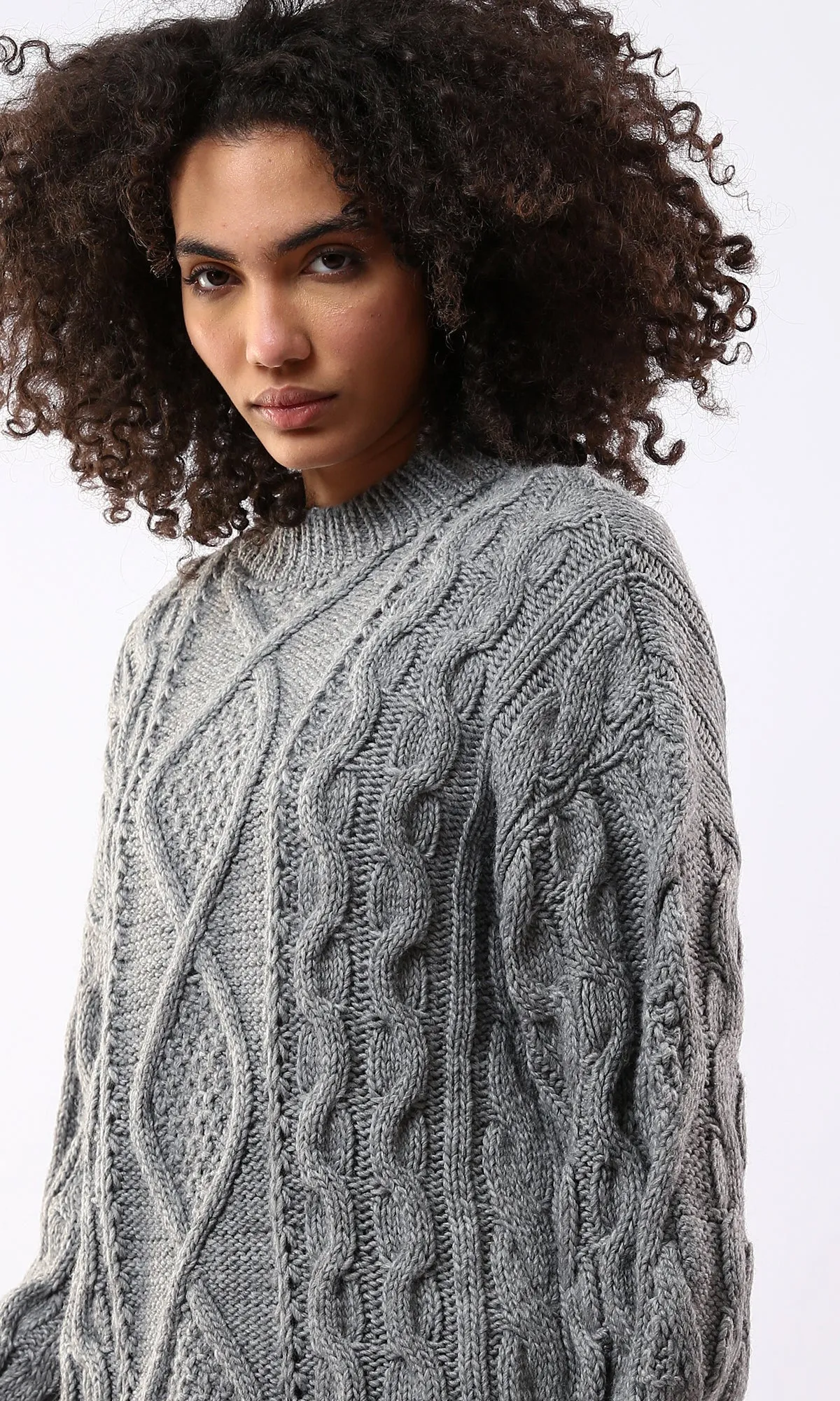 O168919 Long Sleeves Knitted Grey Pullover With Mock Neck