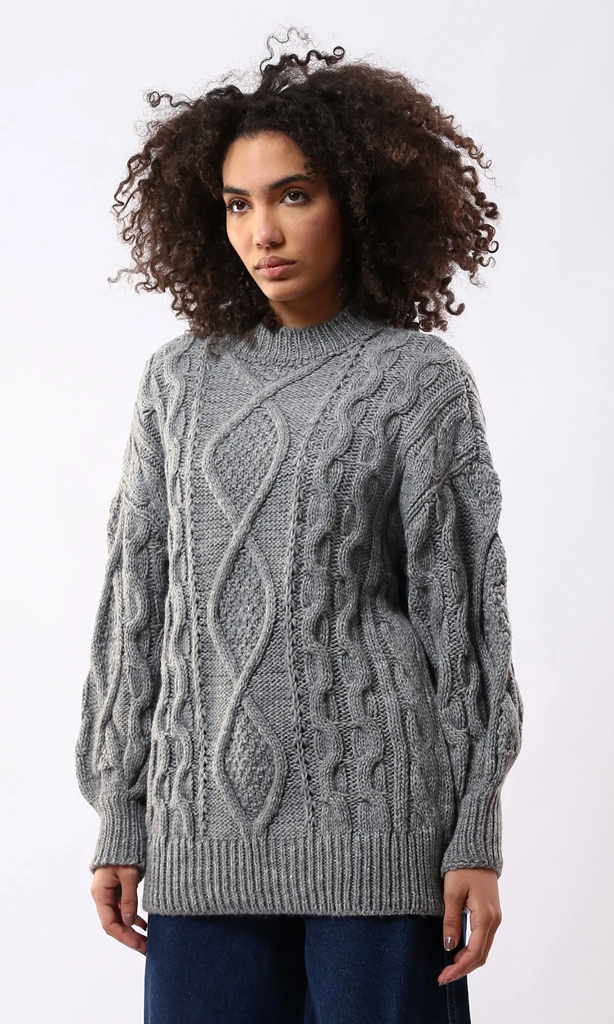 O168919 Long Sleeves Knitted Grey Pullover With Mock Neck