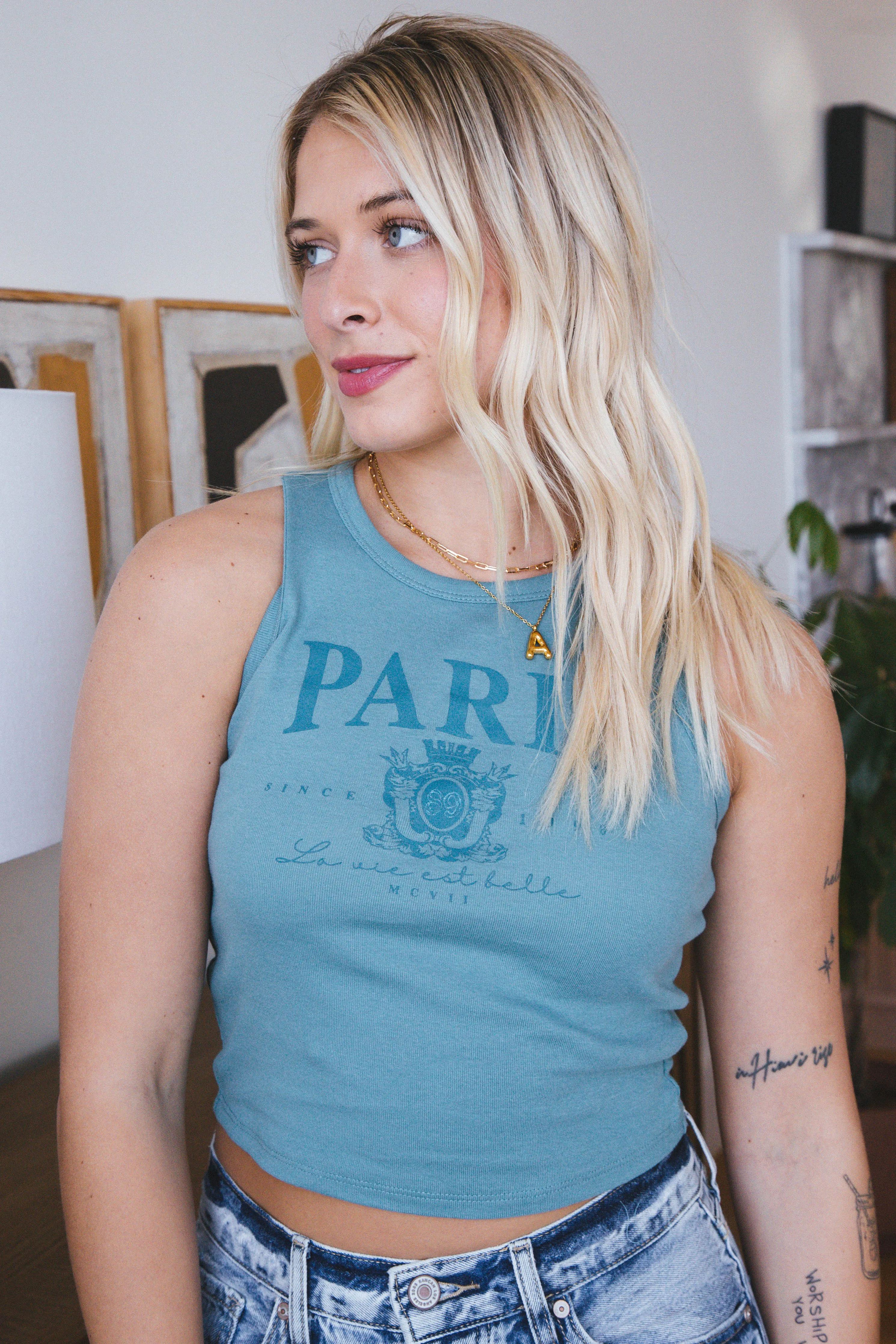 Paris La Vie Belle Graphic Tank, Mineral Blue