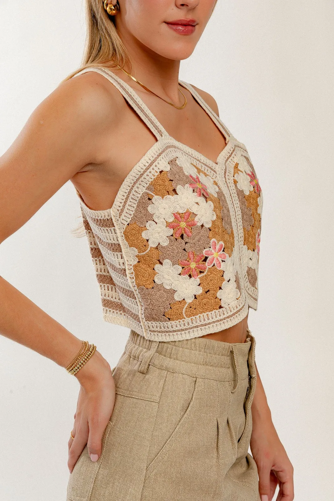 Parker Crochet Crop Top, Cream/Taupe