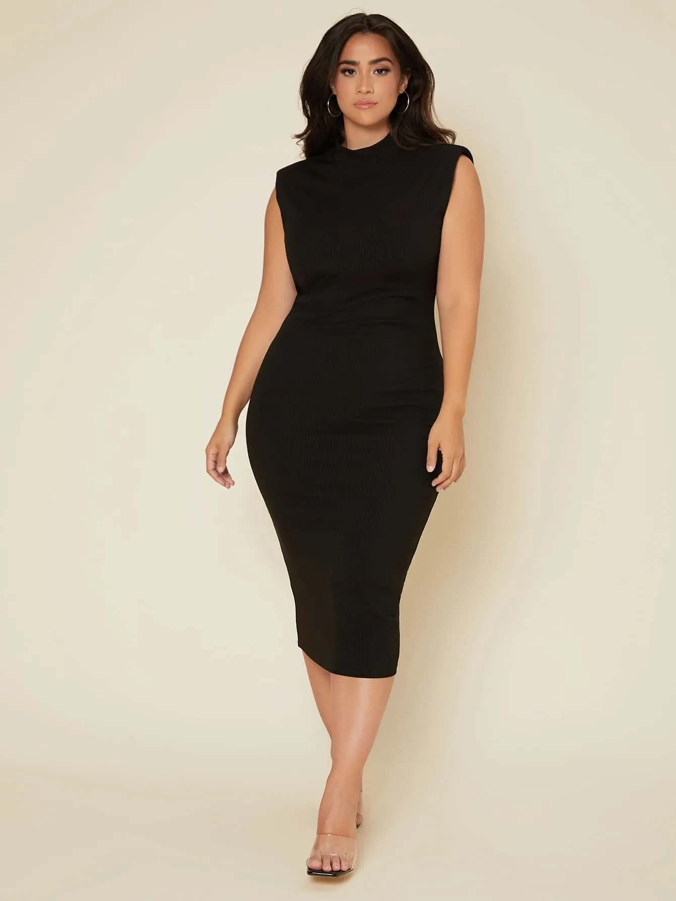 Plus Ribbed Knit Shoulder Pad Bodycon Dress