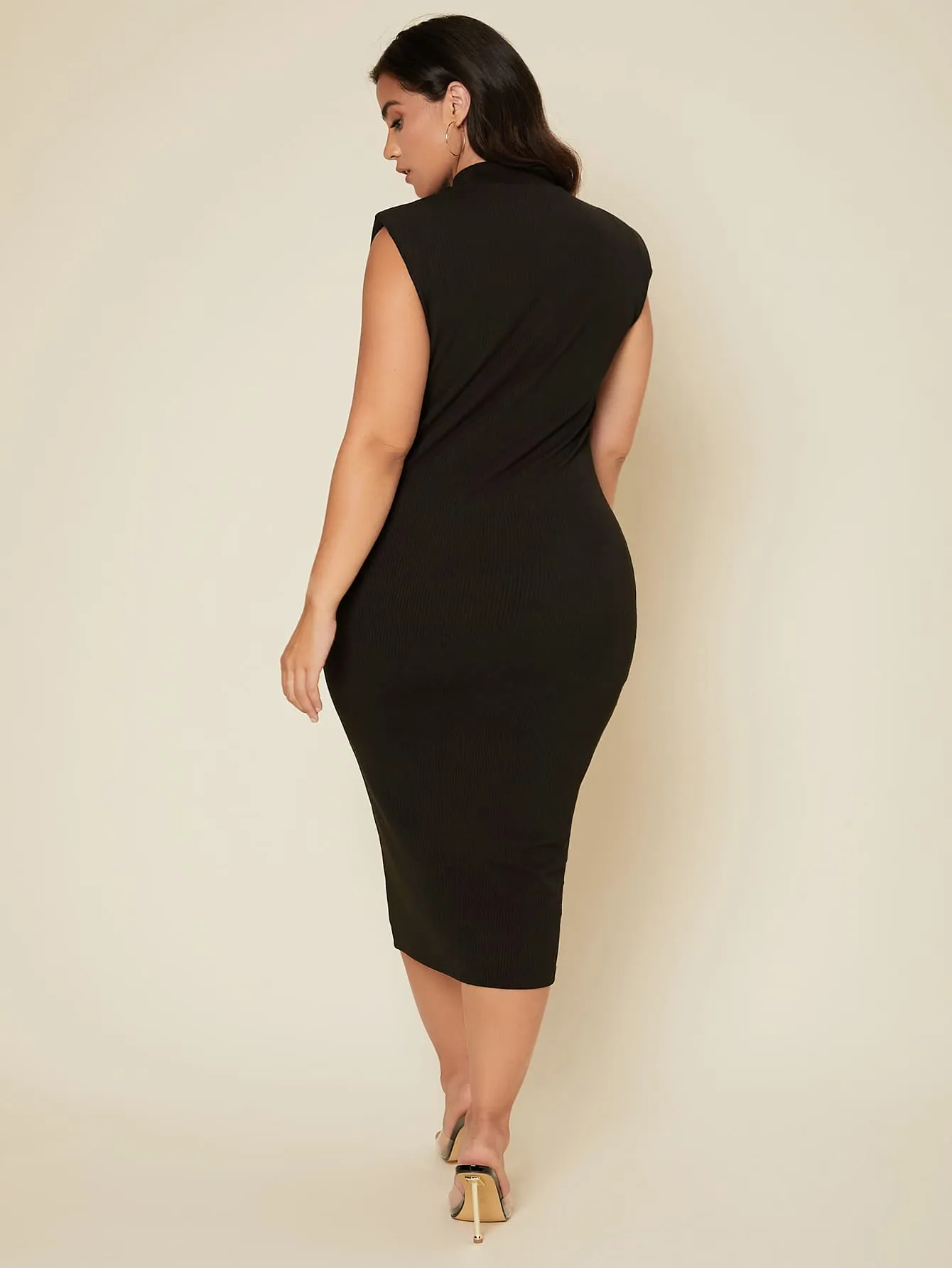 Plus Ribbed Knit Shoulder Pad Bodycon Dress