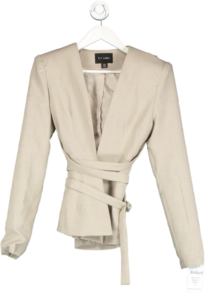 PrettyLittleThing Beige Label Oatmeal Strap Detail Cross Over Fitted Blazer UK 6