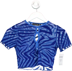 PrettyLittleThing Blue Zebra Devore Cut Out Front Short Sleeve Crop Top UK 8